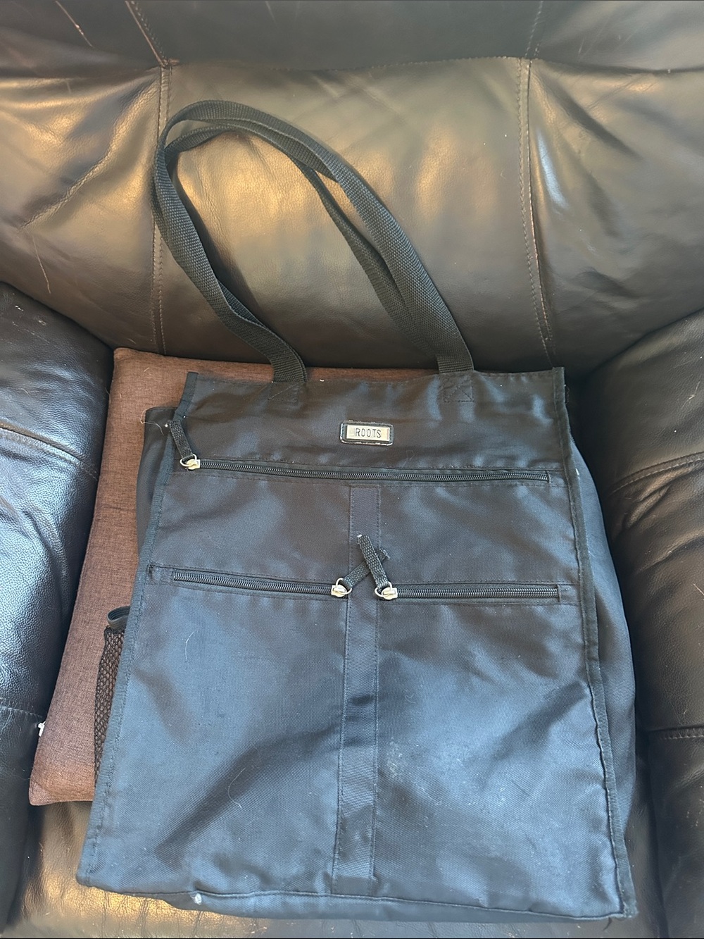 Roots Black Tote with Front Zip Pockets